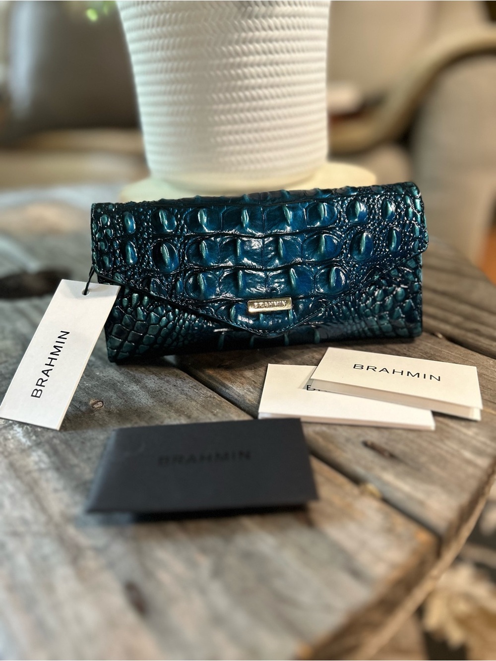 Brahmin Blue/Teal Croc-Embossed Leather Wallet - Picture 3 of 11